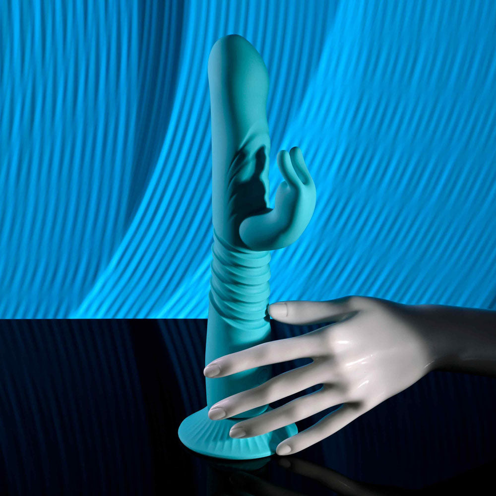 Evolved BUNNY HOP - Teal 25.1 cm USB Rechargeable Thrusting Rabbit Vibrator with Suction Base - EN-RS-6008-2