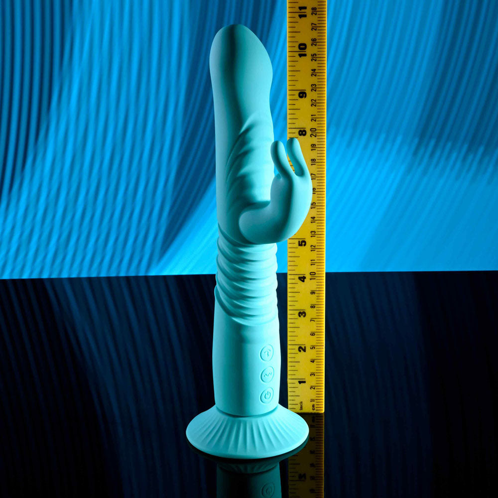 Evolved BUNNY HOP - Teal 25.1 cm USB Rechargeable Thrusting Rabbit Vibrator with Suction Base - EN-RS-6008-2