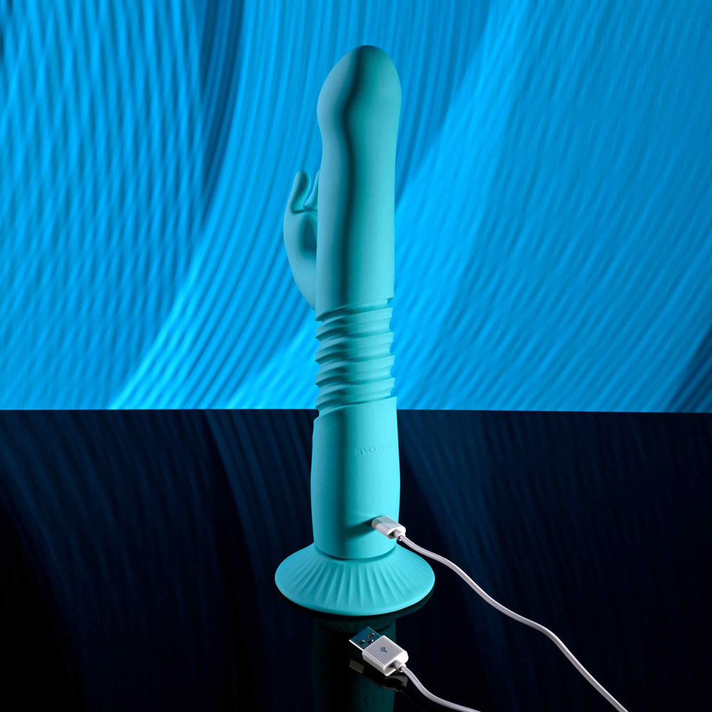 Evolved BUNNY HOP - Teal 25.1 cm USB Rechargeable Thrusting Rabbit Vibrator with Suction Base - EN-RS-6008-2