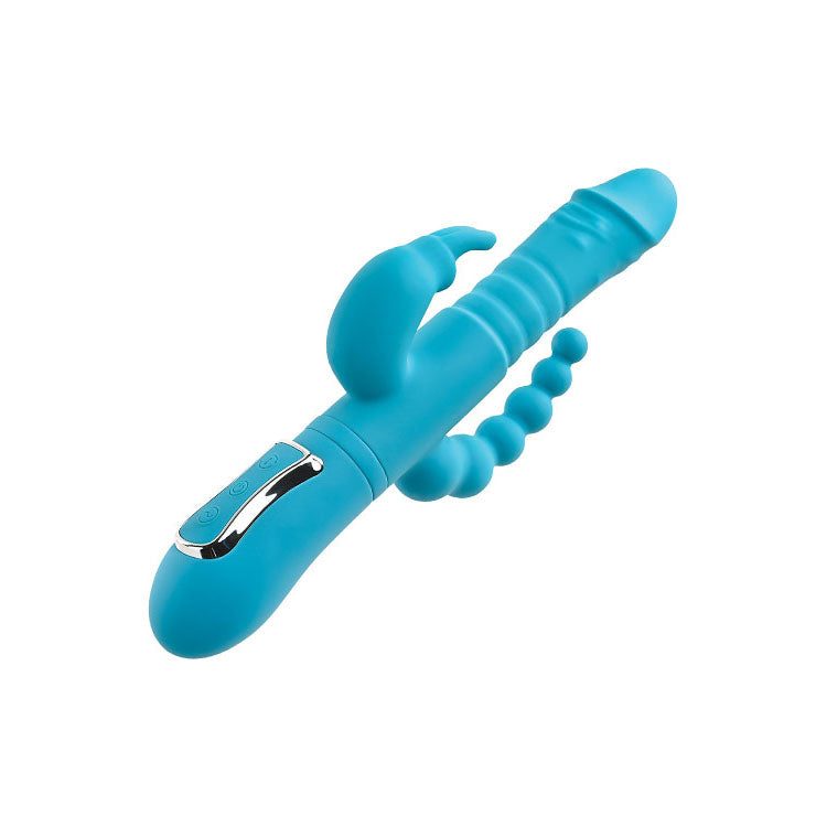 Adam & Eve THRUSTING TRIPLE JOY RABBIT - Teal 25.4 cm USB Rechargeable Rabbit Vibrator with Anal Probe - G117 4600
