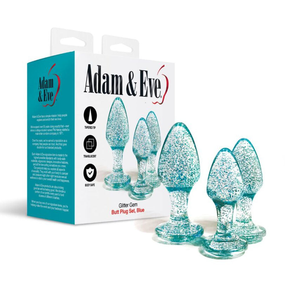 Adam & Eve Glitter Gem 3-Piece Butt Plug Set - Blue - Glitter Blue Butt Plugs - Set of 3 Sizes - G135 4000