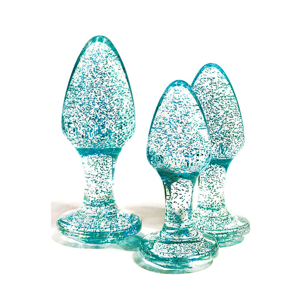 Adam & Eve Glitter Gem 3-Piece Butt Plug Set - Blue - Glitter Blue Butt Plugs - Set of 3 Sizes - G135 4000