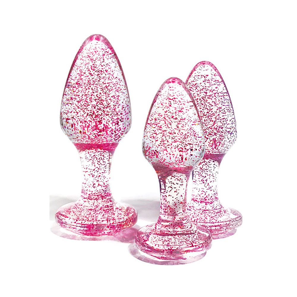 Adam & Eve Glitter Gem 3-Piece Butt Plug Set - Pink - Glitter Pink Butt Plugs - Set of 3 Sizes - G135 6200