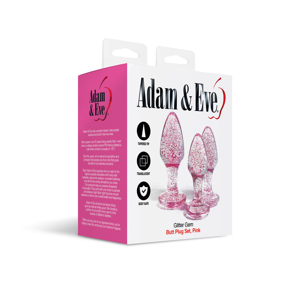 Adam & Eve Glitter Gem 3-Piece Butt Plug Set - Pink - Glitter Pink Butt Plugs - Set of 3 Sizes - G135 6200