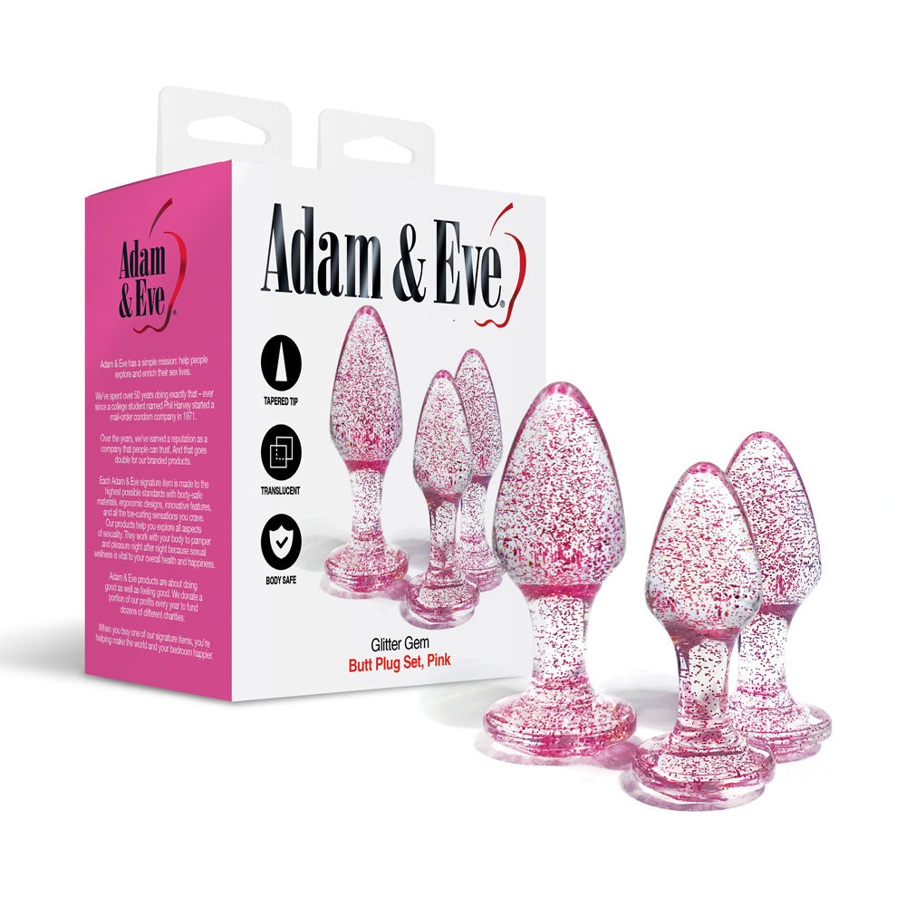 Adam & Eve Glitter Gem 3-Piece Butt Plug Set - Pink - Glitter Pink Butt Plugs - Set of 3 Sizes - G135 6200
