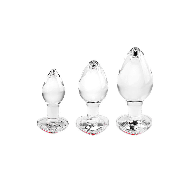 Adam & Eve RED HEART GEM GLASS PLUG SET - Clear Glass Butt Plugs - Set of 3 Sizes - G326 6000