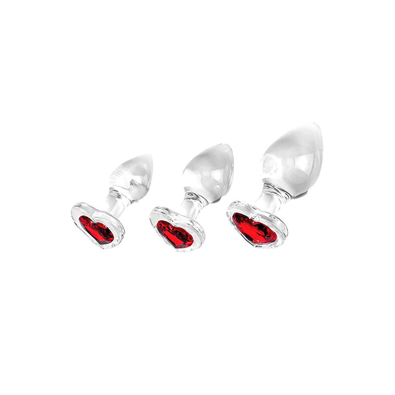 Adam & Eve RED HEART GEM GLASS PLUG SET - Clear Glass Butt Plugs - Set of 3 Sizes - G326 6000