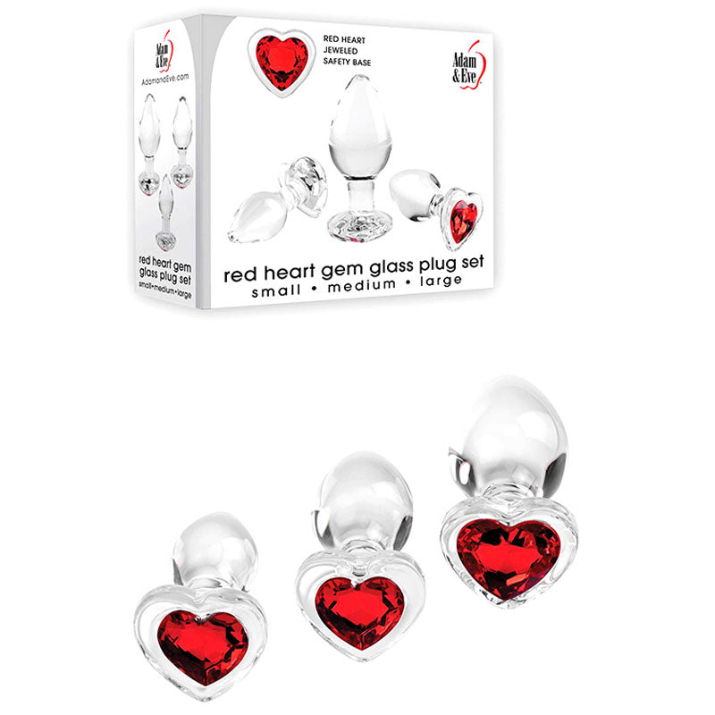 Adam & Eve RED HEART GEM GLASS PLUG SET - Clear Glass Butt Plugs - Set of 3 Sizes - G326 6000