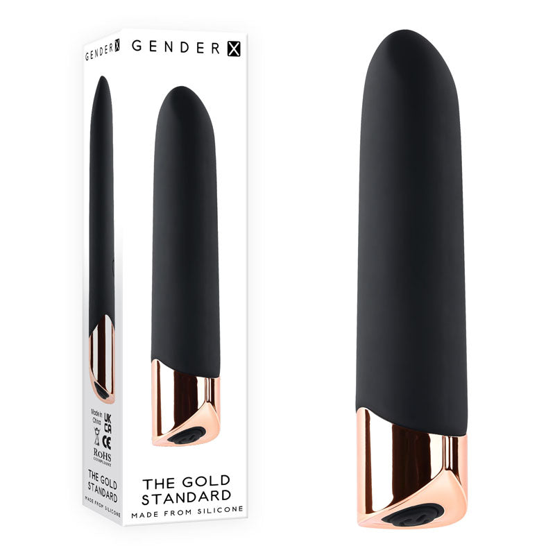 Gender X THE GOLD STANDARD - Black/Rose Gold 10 cm USB Rechargeable Bullet - GX-RS-1072-2
