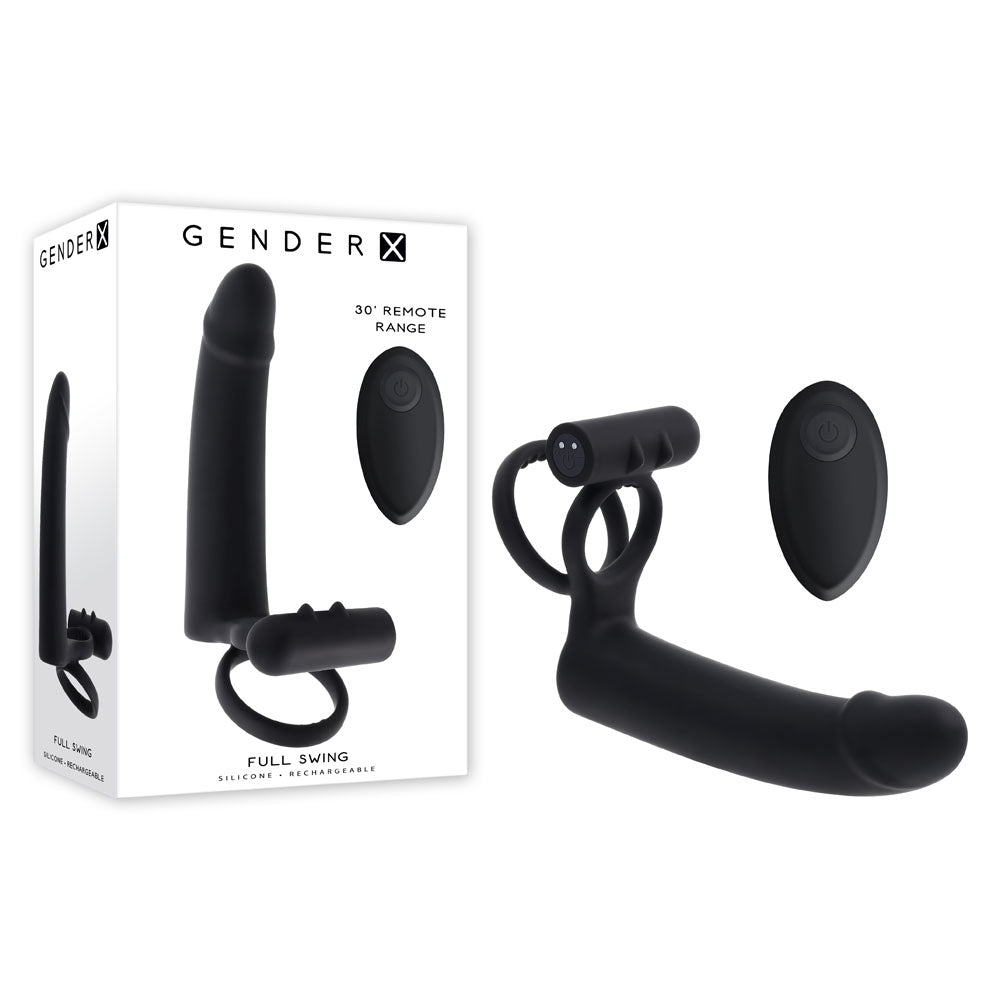 Gender X FULL SWING - Black USB Rechargeable Vibrating Cock Ring with Double Penetrator Dildo - GX-RS-6343-2