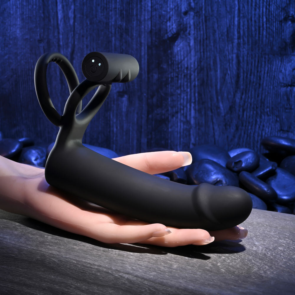 Gender X FULL SWING - Black USB Rechargeable Vibrating Cock Ring with Double Penetrator Dildo - GX-RS-6343-2