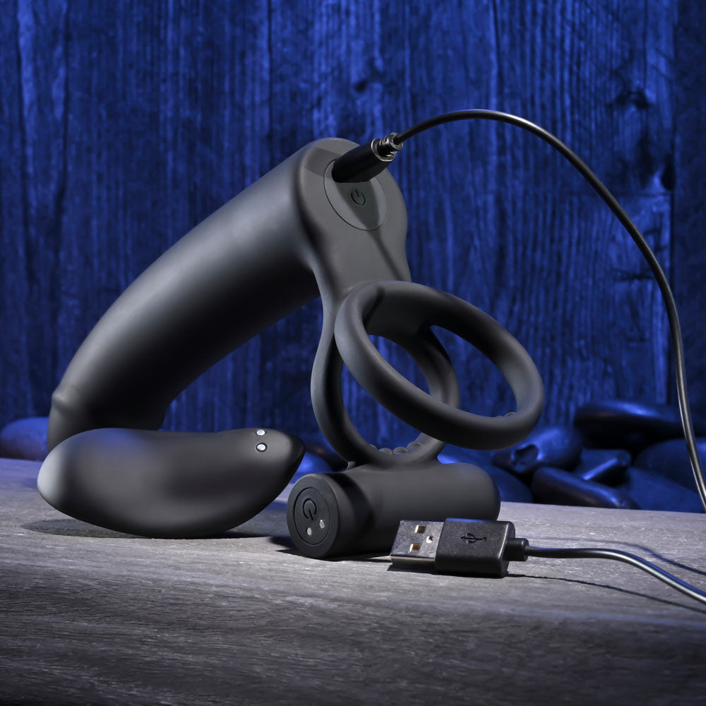 Gender X FULL SWING - Black USB Rechargeable Vibrating Cock Ring with Double Penetrator Dildo - GX-RS-6343-2