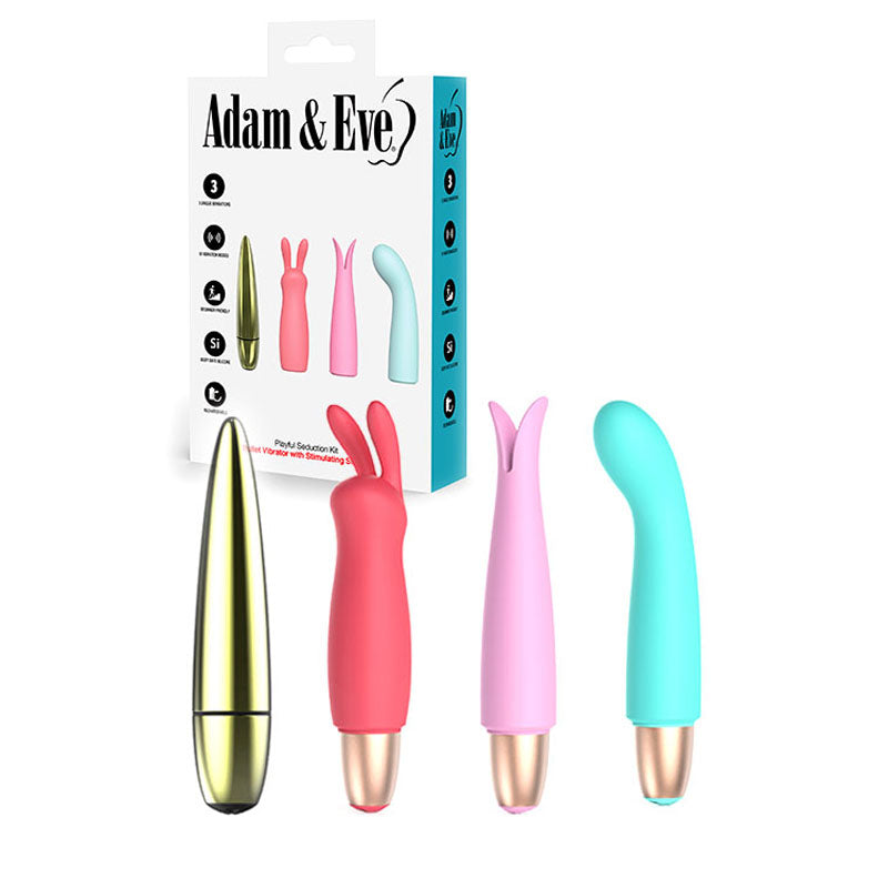Adam & Eve PLAYFUL SEDUCTION KIT - USB Rechargeable Vibrator with 3 Interchangeable Sleeves - I479 0000
