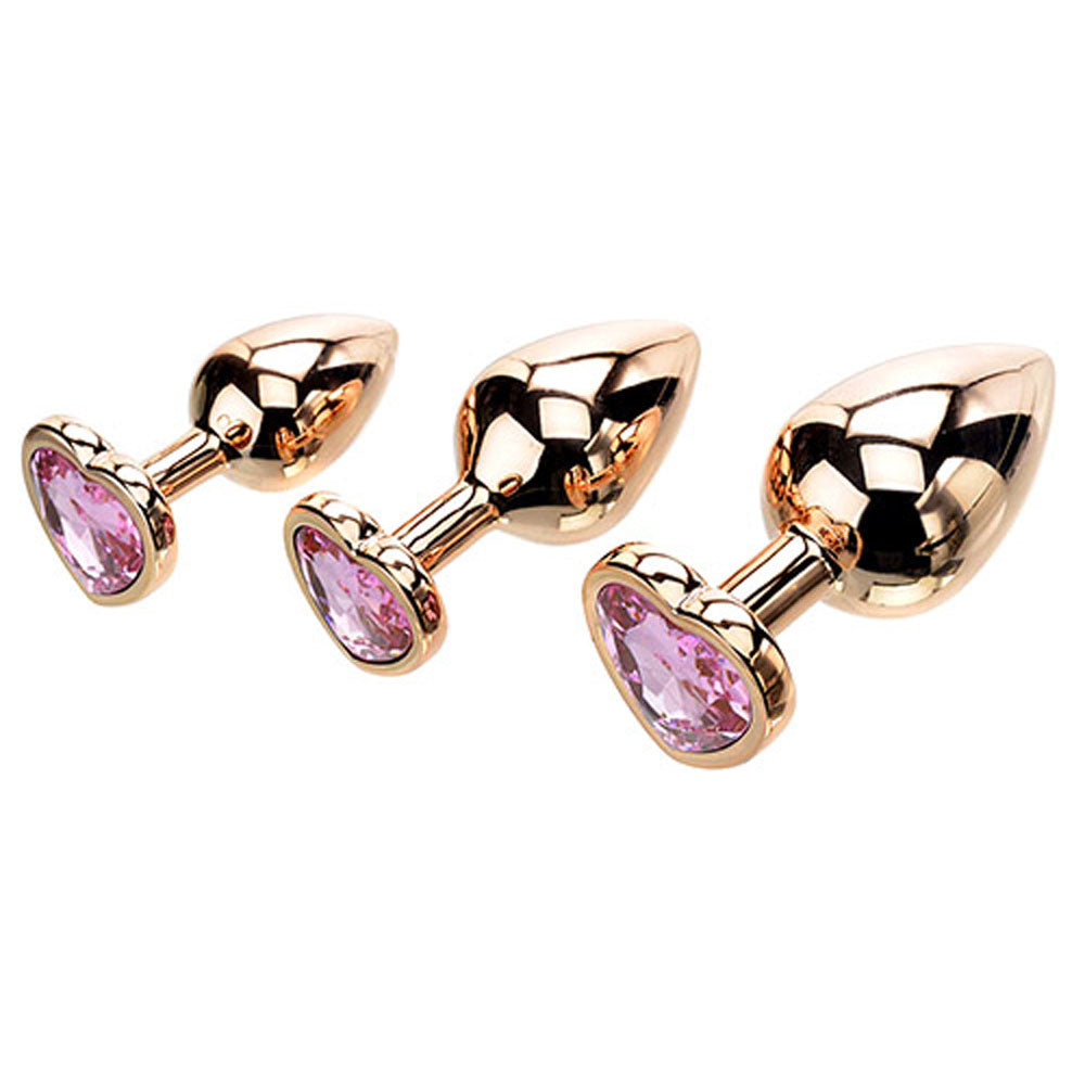 Adam & Eve ROSE GOLD HEART GEM ANAL TRAINING SET - Rose Gold Metal Anal Plugs with Pink Gem Bases - Set of 3 Sizes - I481 3100