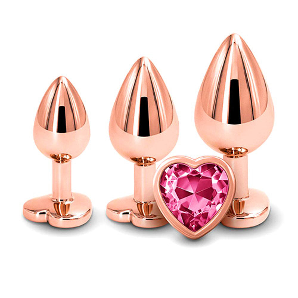 Adam & Eve ROSE GOLD HEART GEM ANAL TRAINING SET - Rose Gold Metal Anal Plugs with Pink Gem Bases - Set of 3 Sizes - I481 3100