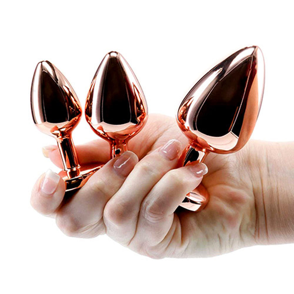 Adam & Eve ROSE GOLD HEART GEM ANAL TRAINING SET - Rose Gold Metal Anal Plugs with Pink Gem Bases - Set of 3 Sizes - I481 3100