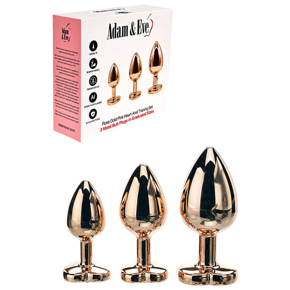 Adam & Eve ROSE GOLD HEART GEM ANAL TRAINING SET - Rose Gold Metal Anal Plugs with Pink Gem Bases - Set of 3 Sizes - I481 3100