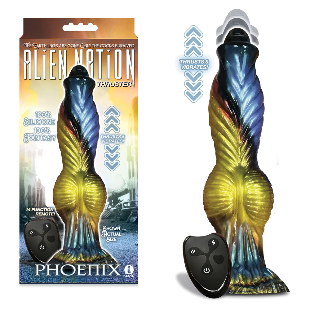 Alien Nation - Phoenix - Gold/Blue & Black 25.4 cm USB Rechargeable Thrusting Fantasy Dong with Remote - IC1361