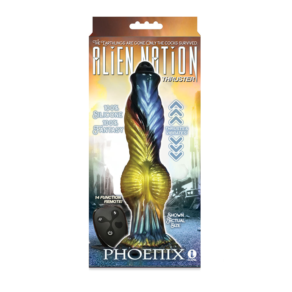 Alien Nation - Phoenix - Gold/Blue & Black 25.4 cm USB Rechargeable Thrusting Fantasy Dong with Remote - IC1361