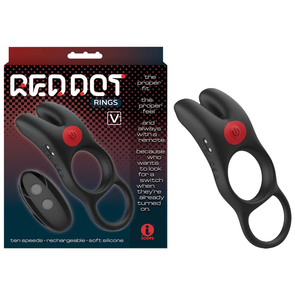 Red Dot Rings - V1 - Black USB Rechargeable Vibrating Cock Ring with Remote - IC5076