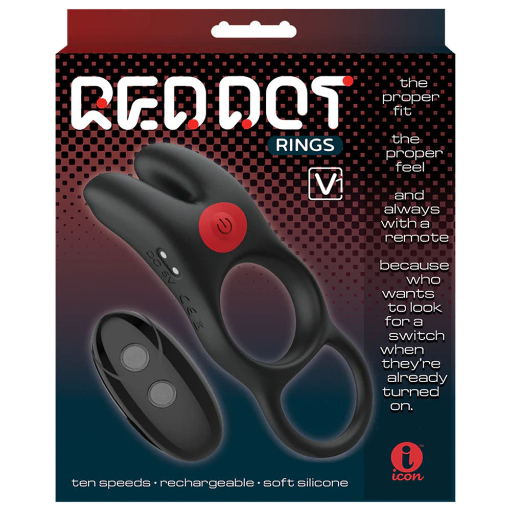 Red Dot Rings - V1 - Black USB Rechargeable Vibrating Cock Ring with Remote - IC5076