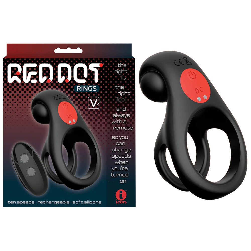 Red Dot Rings - V2 - Black USB Rechargeable Vibrating Cock & Ball Ring with Remote - IC5077