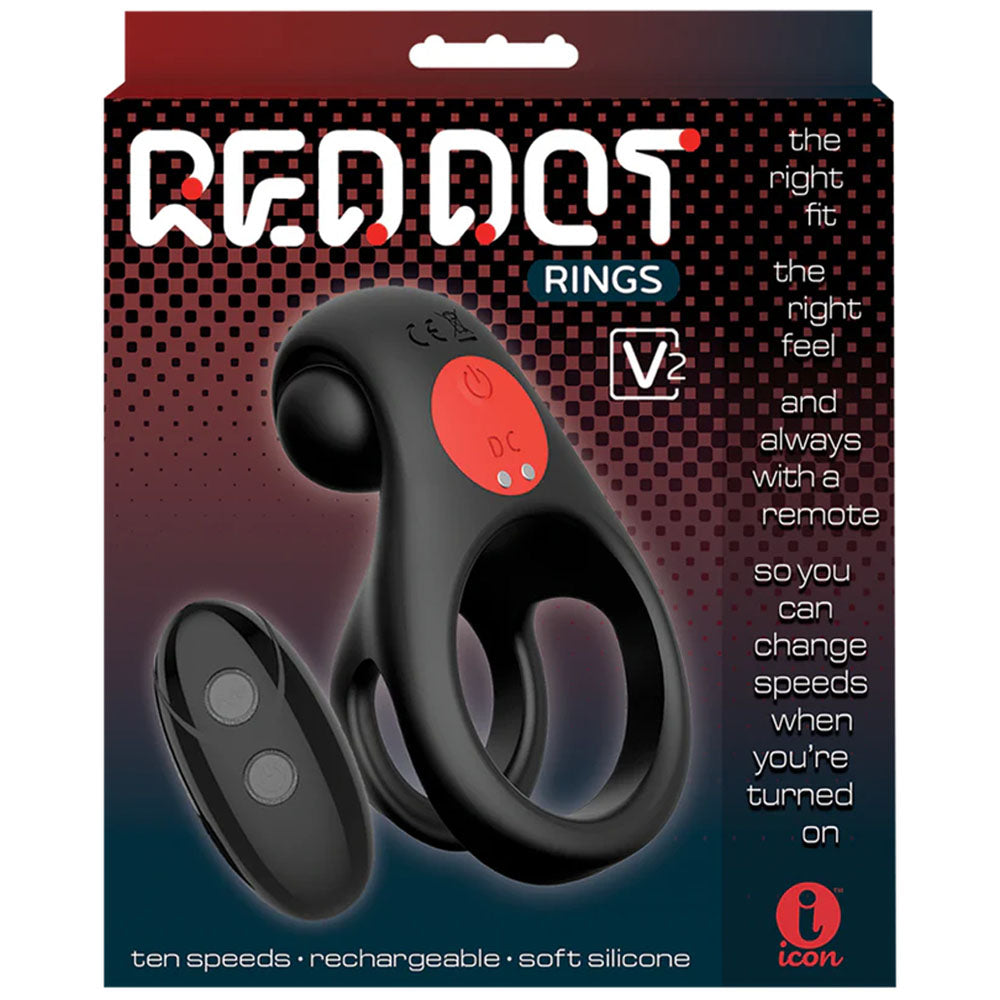 Red Dot Rings - V2 - Black USB Rechargeable Vibrating Cock & Ball Ring with Remote - IC5077