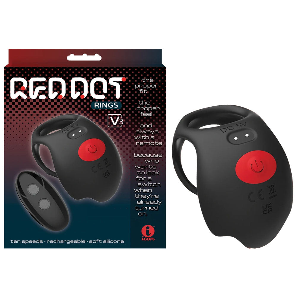 Red Dot Rings - V3 - Black USB Rechargeable Vibrating Cock & Ball Ring with Remote - IC5078