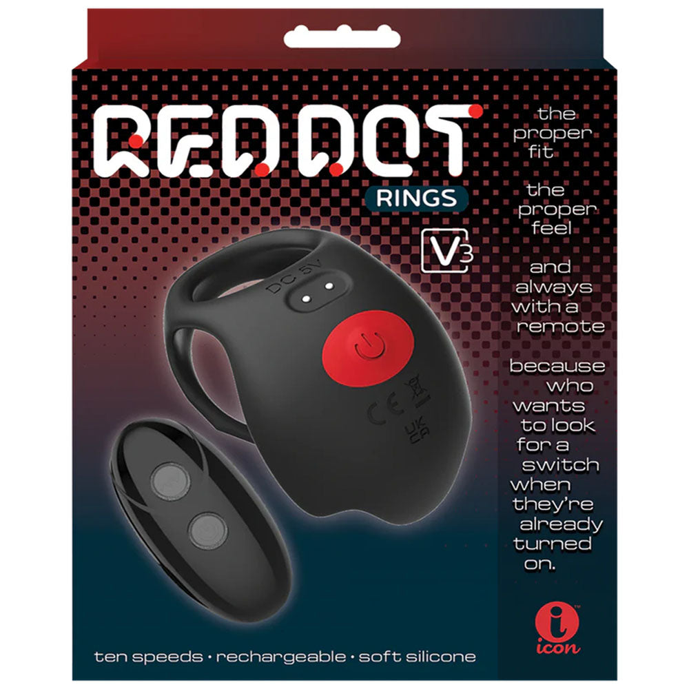 Red Dot Rings - V3 - Black USB Rechargeable Vibrating Cock & Ball Ring with Remote - IC5078