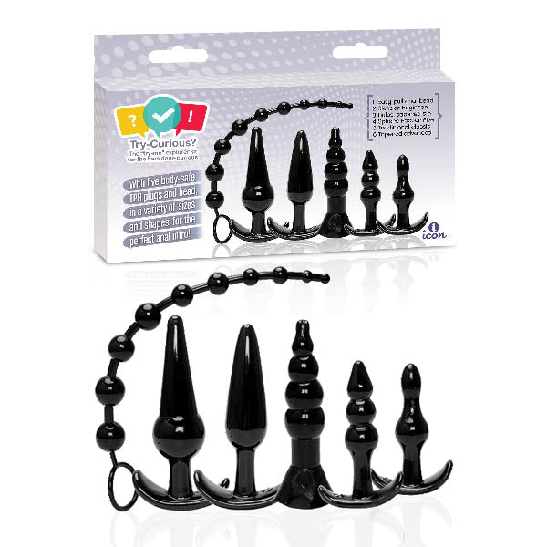 Try-Curious Anal Plug Kit - Black Anal Kit - Set of 6 - IC8013-2