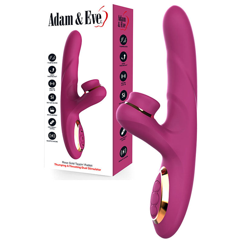Adam & Eve ROSE GOLD TAPPIN RABBIT - Purple 22.5 cm USB Rechargeable Tapping & Thrusting Rabbit Vibrator - J109 3100