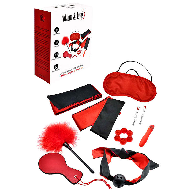 Adam & Eve SENSUAL SCARLET NIGHTS - Black/Red Couples Bondage Kit - Set of 10 Pieces - J535 6000