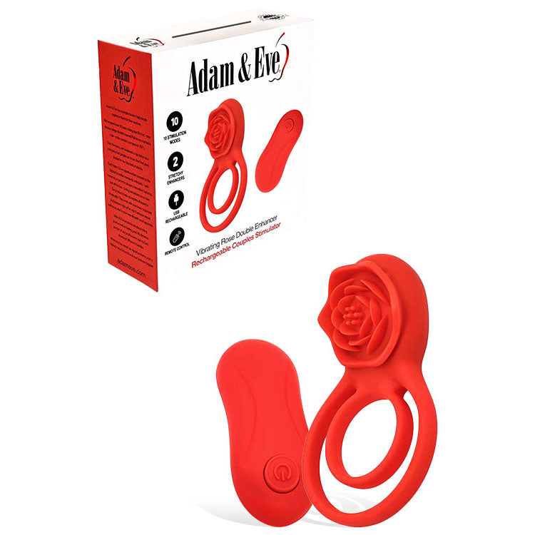 Adam & Eve VIBRATING ROSE DOUBLE ENHANCER - Red USB Rechargeable Cock & Balls Ring with Remote - J661 6000