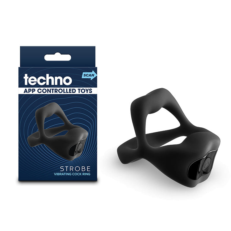 Techno - Strobe - Black - Black USB Rechargeable Vibrating Cock Ring with App Control - NSN-0287-53