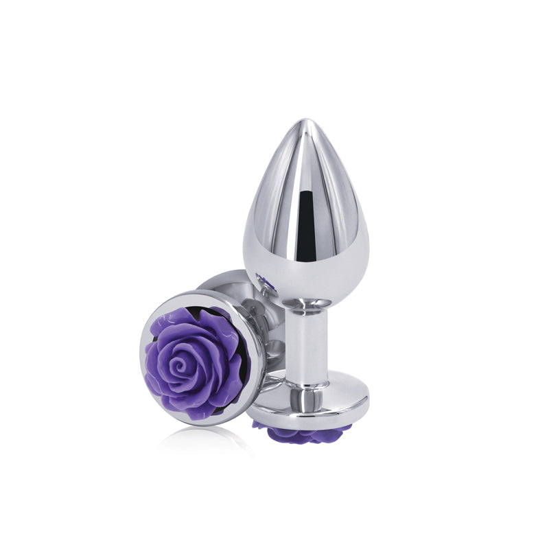 Rear Assets Rose - Medium - Chrome 8.9 cm Metal Butt Plug with Purple Rose Base - NSN-0965-25