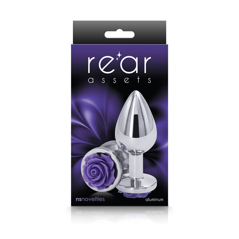 Rear Assets Rose - Medium - Chrome 8.9 cm Metal Butt Plug with Purple Rose Base - NSN-0965-25