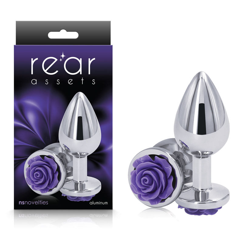 Rear Assets Rose - Medium - Chrome 8.9 cm Metal Butt Plug with Purple Rose Base - NSN-0965-25