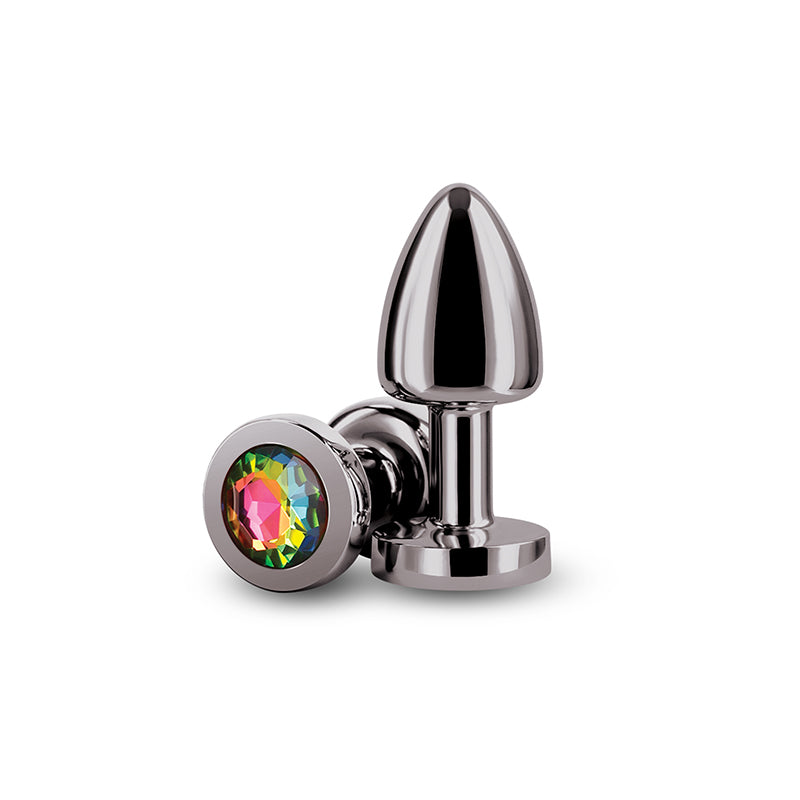 Rear Assets Petite - Gunmetal with Rainbow Gem - Gunmetal 6 cm Metal Butt Plug with Rainbow Round Gem Base - NSN-0966-39
