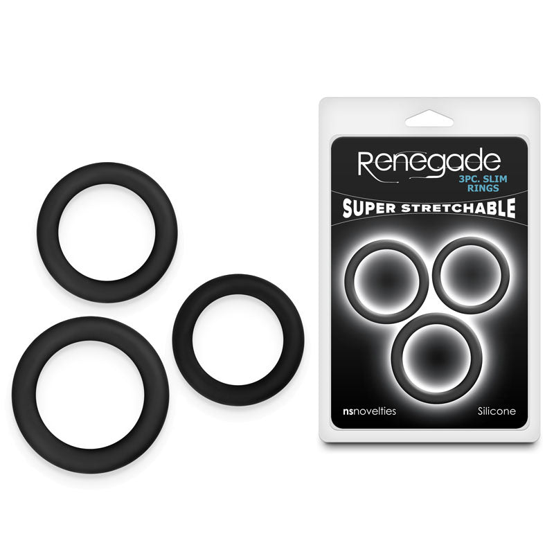 Renegade 3pc Slim Rings - Black - Black Cock Rings - Set of 3 Sizes - NSN-1111-03