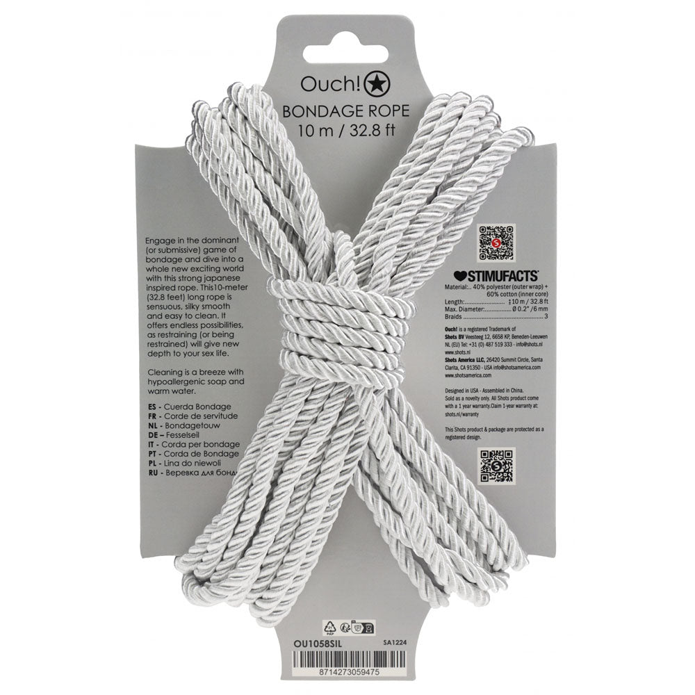 OUCH! Bondage Rope - 10 M - Silver - Silver Nylon Bondage Rope - 10 metre Length - OU1058SIL