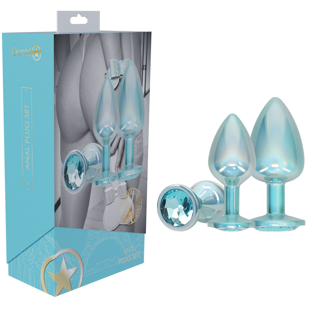 OUCH! Paris Collection - Metal Anal Plug Set - Blue - Metallic Blue Butt Plugs with Gem Bases - Set of 3 Sizes - OU1059BLU