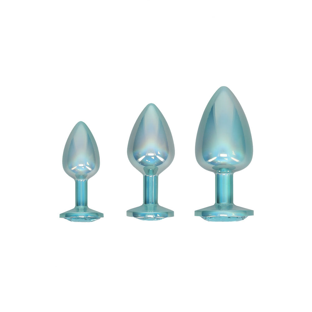 OUCH! Paris Collection - Metal Anal Plug Set - Blue - Metallic Blue Butt Plugs with Gem Bases - Set of 3 Sizes - OU1059BLU
