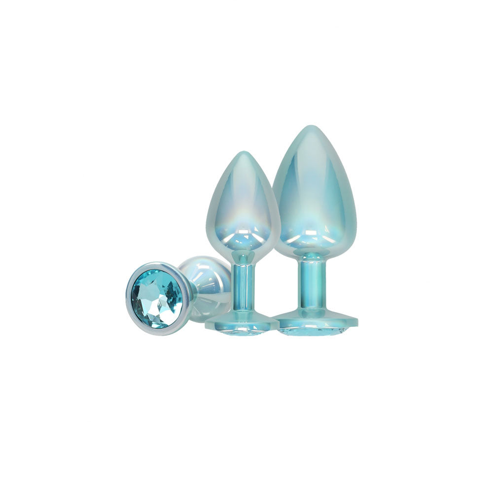 OUCH! Paris Collection - Metal Anal Plug Set - Blue - Metallic Blue Butt Plugs with Gem Bases - Set of 3 Sizes - OU1059BLU