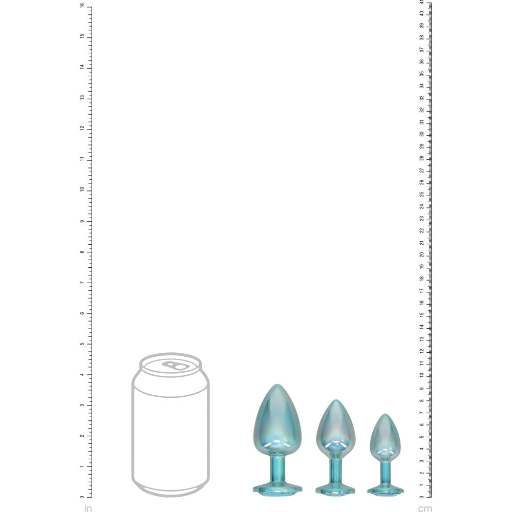 OUCH! Paris Collection - Metal Anal Plug Set - Blue - Metallic Blue Butt Plugs with Gem Bases - Set of 3 Sizes - OU1059BLU
