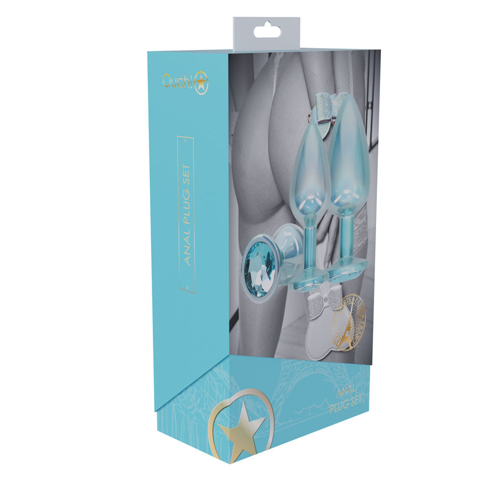 OUCH! Paris Collection - Metal Anal Plug Set - Blue - Metallic Blue Butt Plugs with Gem Bases - Set of 3 Sizes - OU1059BLU