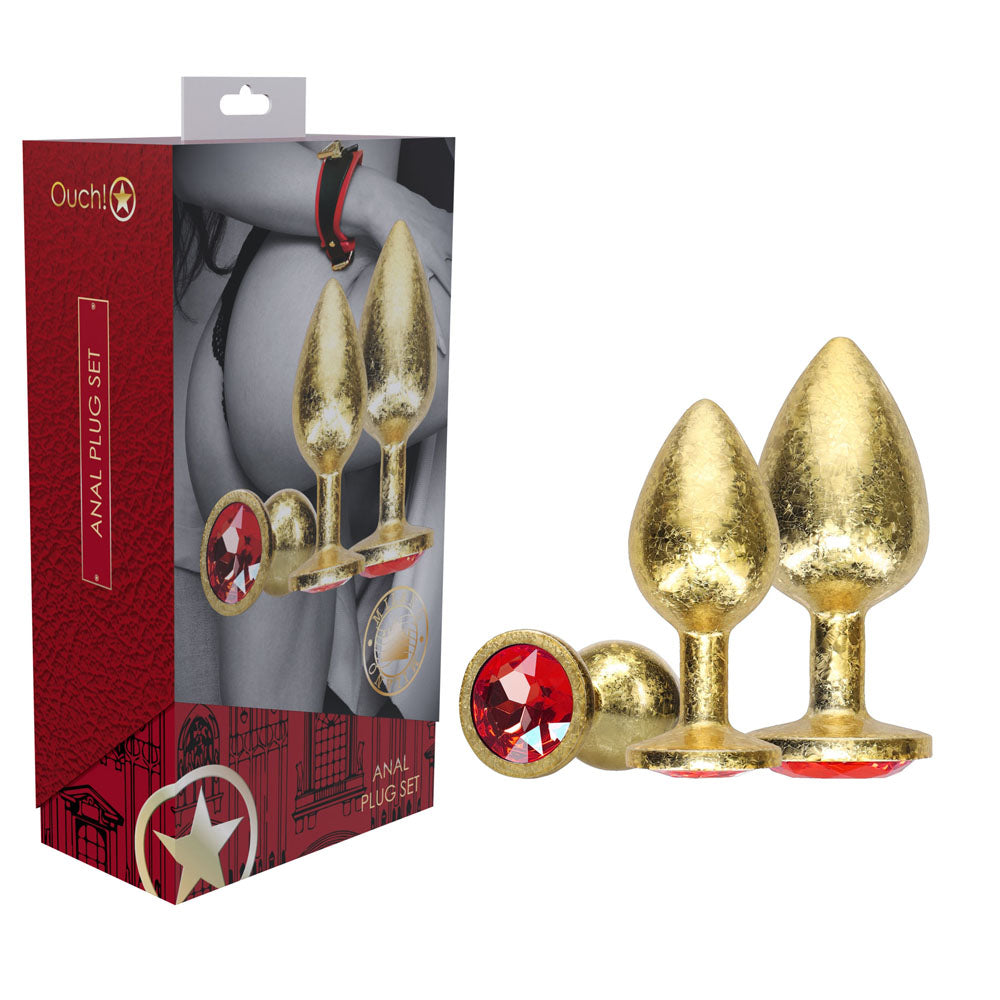 OUCH! Milan Collection - Metal Anal Plug Set - Gold - Gold Butt Plugs with Gem Bases - Set of 3 Sizes - OU1059GLD