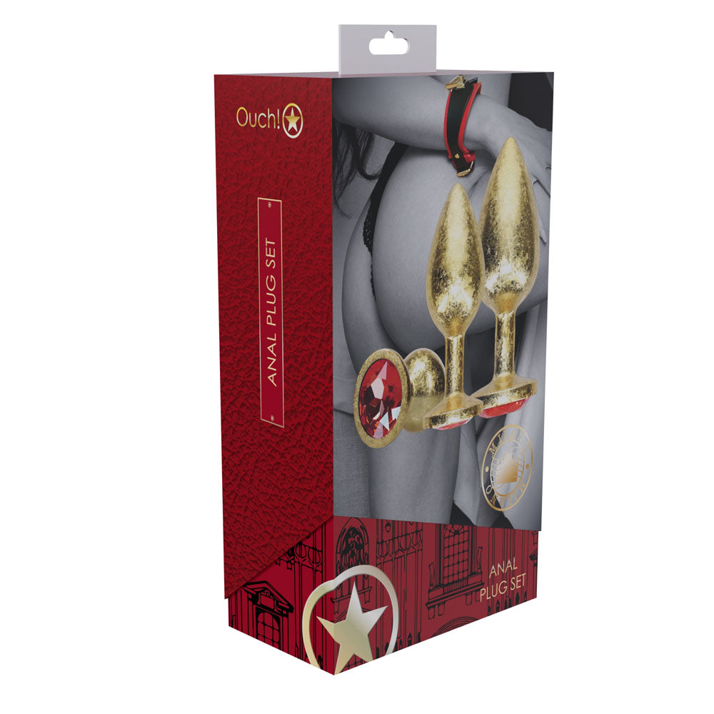 OUCH! Milan Collection - Metal Anal Plug Set - Gold - Gold Butt Plugs with Gem Bases - Set of 3 Sizes - OU1059GLD