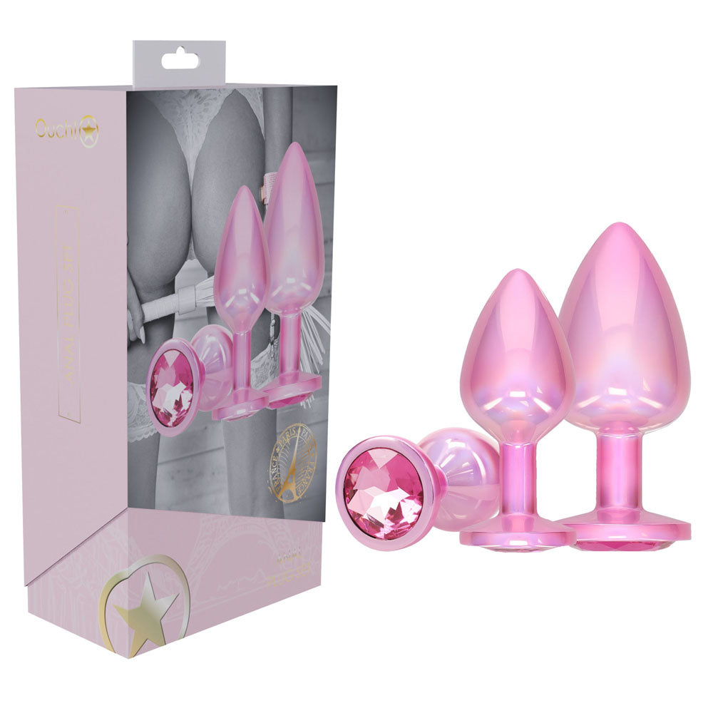 OUCH! Paris Collection - Metal Anal Plug Set - Pink - Metallic Pink Butt Plugs with Gem Bases - Set of 3 Sizes - OU1059PNK