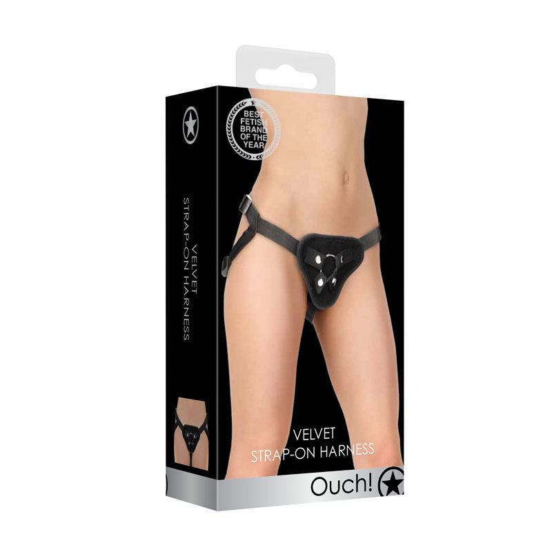 OUCH! Velvet & Velcro Adjustable Harness with O-Ring - Black Strap-On Harness (No Probe Included) - OU525BLK