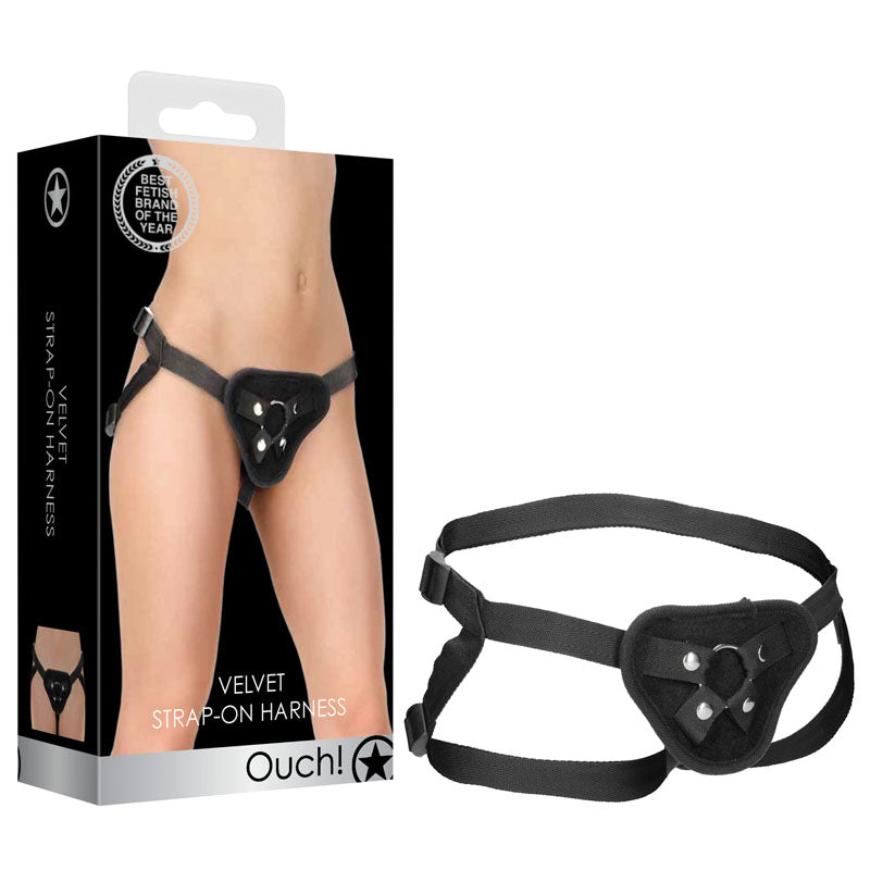OUCH! Velvet & Velcro Adjustable Harness with O-Ring - Black Strap-On Harness (No Probe Included) - OU525BLK